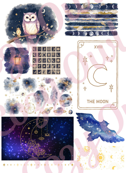 Celestial Dreams Ephemera Collection — Cozy Owl Printable 8×11 Collage Sheet for Junk Journals, Scrapbooking & Celestial Stationery