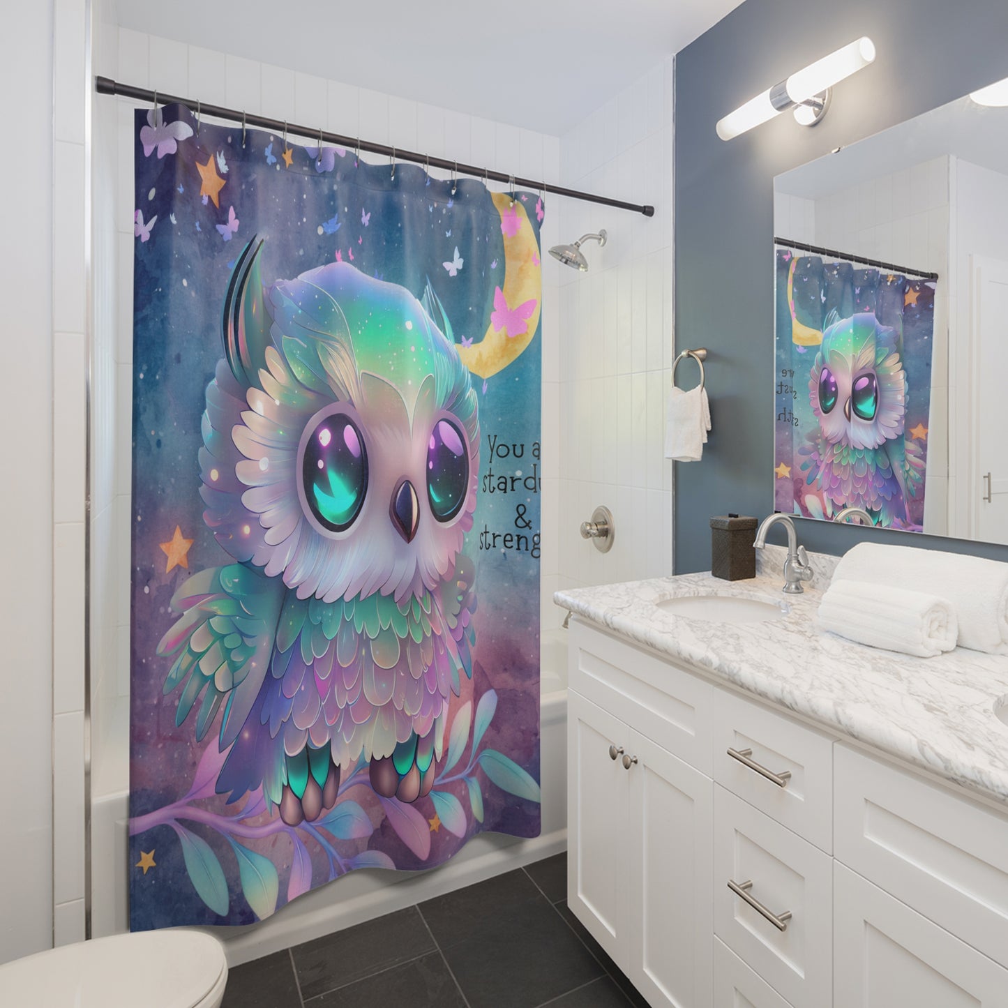 Stardust & Strength Owl Shower Curtain – Celestial Pastel Bathroom Decor