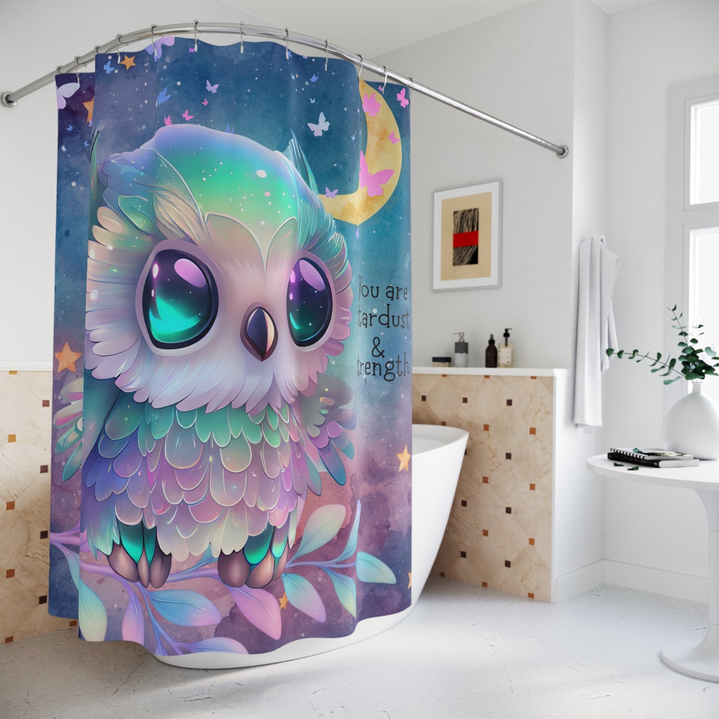 Stardust & Strength Owl Shower Curtain – Celestial Pastel Bathroom Decor