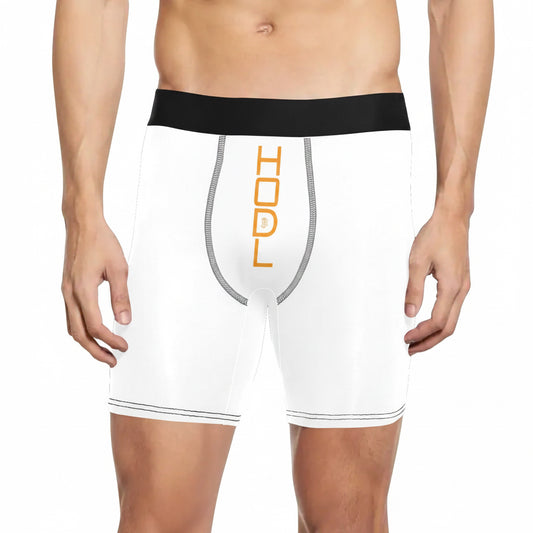 HODL Crypto Boxer Briefs • Men’s Long Leg Underwear • $BTC All‑Over Print • Soft Stretch