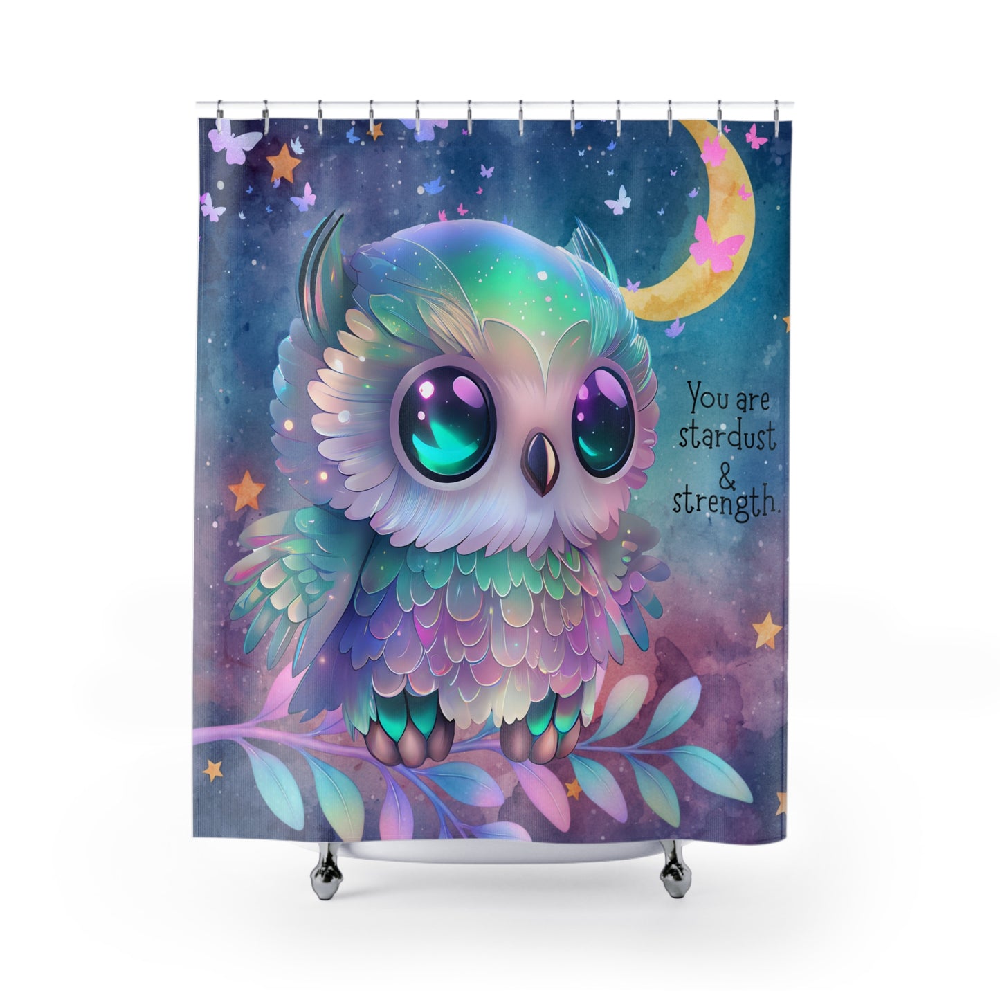 Stardust & Strength Owl Shower Curtain – Celestial Pastel Bathroom Decor