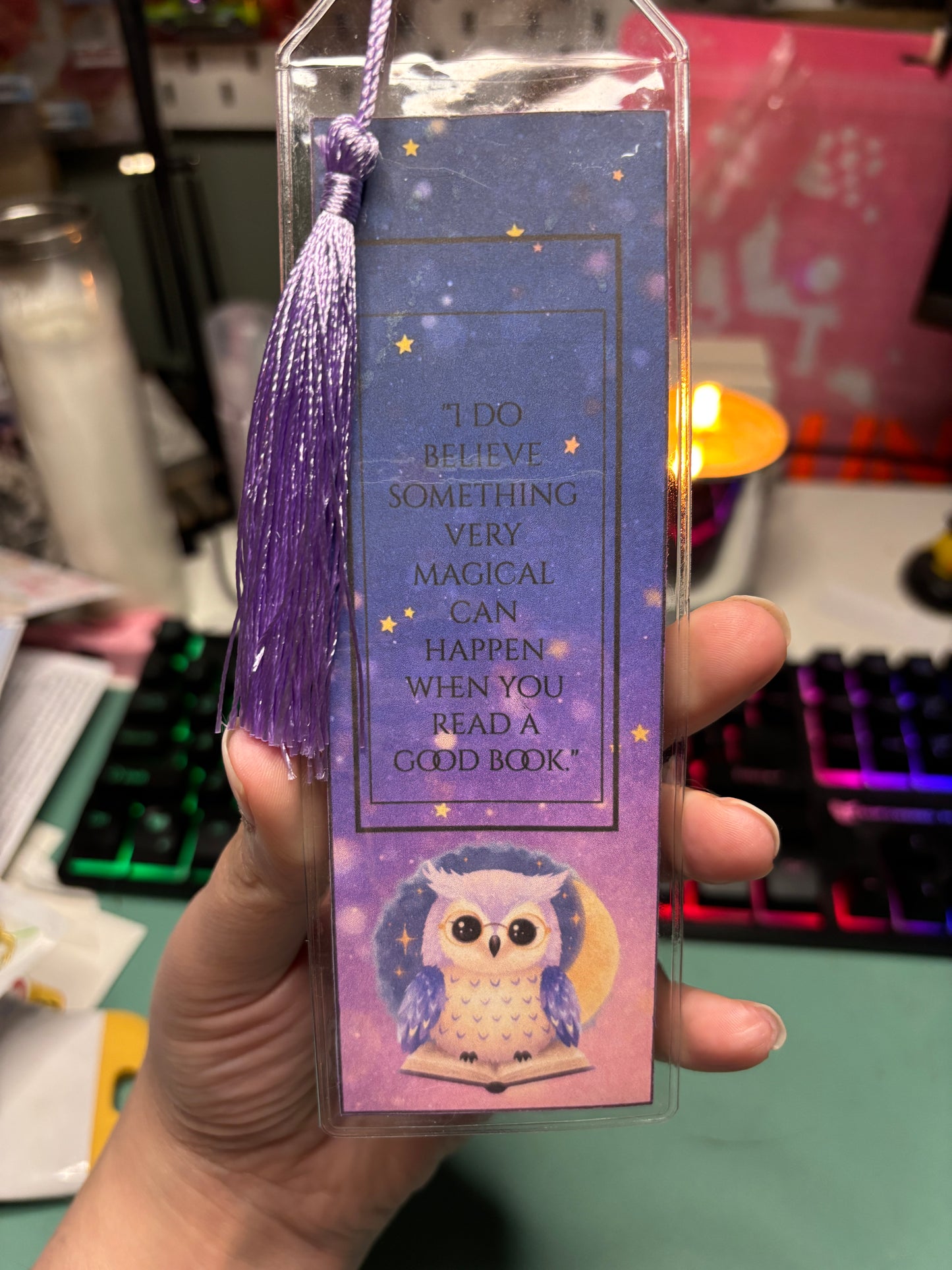 Magical Reading Quote Bookmark • Owl & Crescent Moon • Celestial Book Lover Gift • One‑of‑a‑Kind Handmade Bookmark with Tassel & Decorated Back