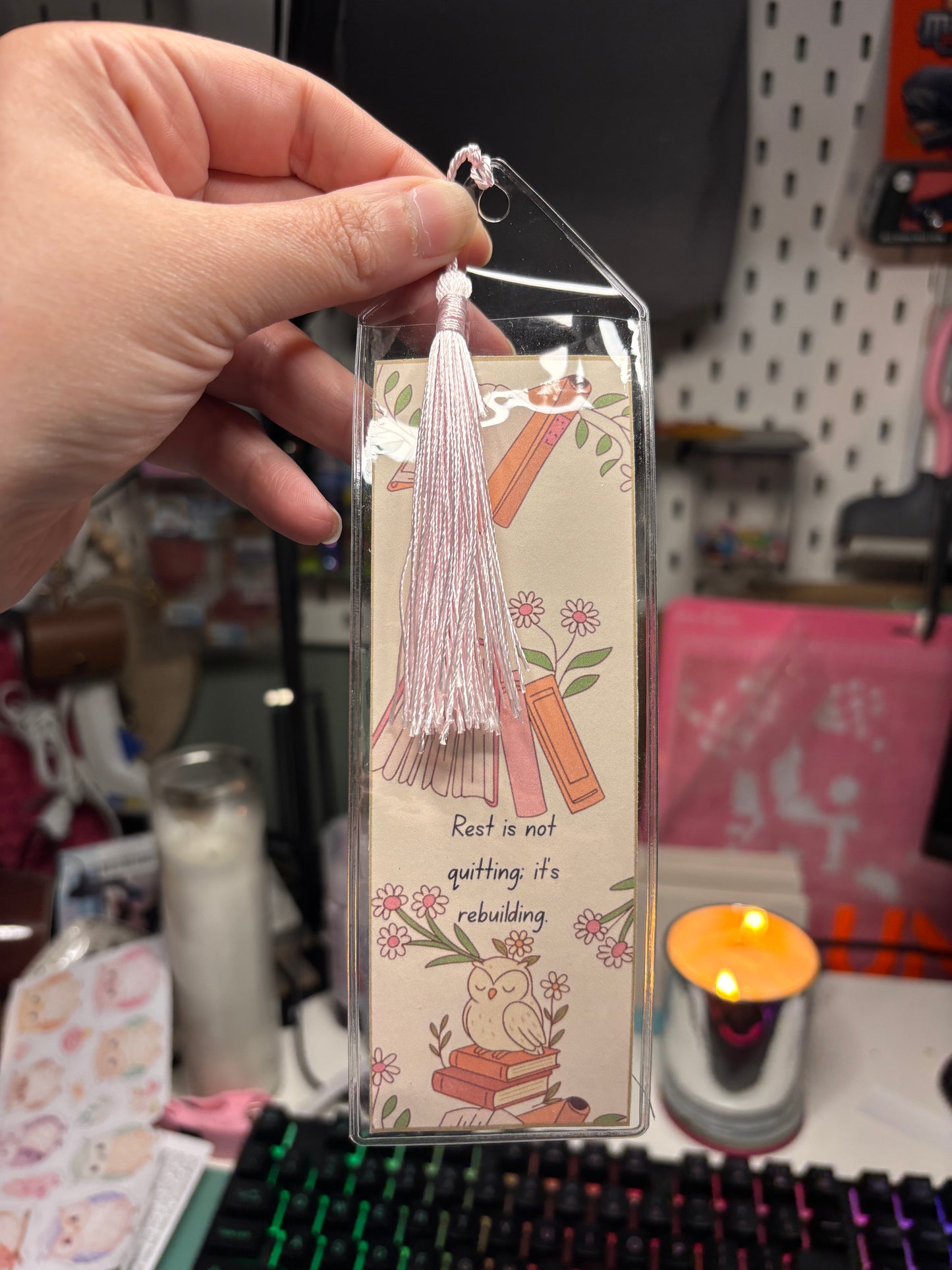 Inspirational Owl Bookmark • “Rest Is Not Quitting; It’s Rebuilding” • Floral Book Lover Gift • One‑of‑a‑Kind Handmade Bookmark with Tassel & Decorated Back