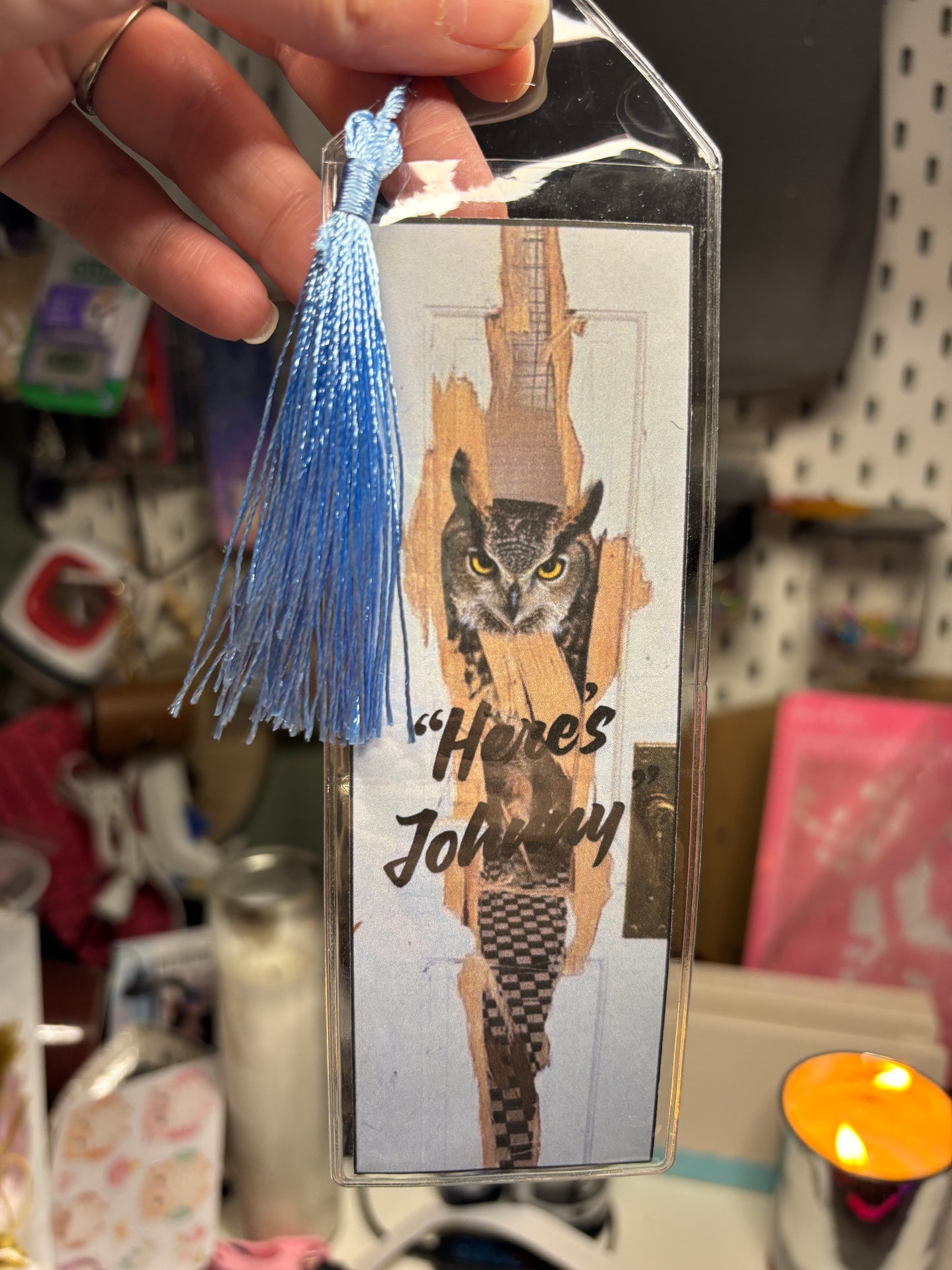 Shining‑Inspired “Here’s Johnny” Owl Bookmark • Original Stanley Hotel Photo • Horror Book Lover Gift • One‑of‑a‑Kind Handmade Bookmark with Tassel & Decorated Back
